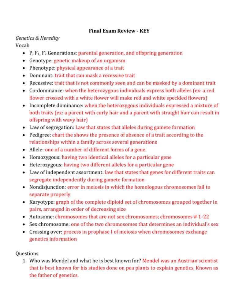 genetics exam review answer key