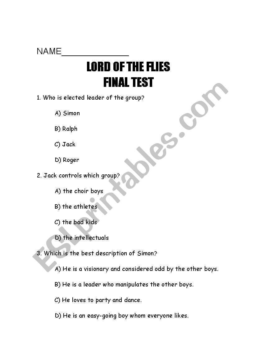 lord of the flies final exam answers