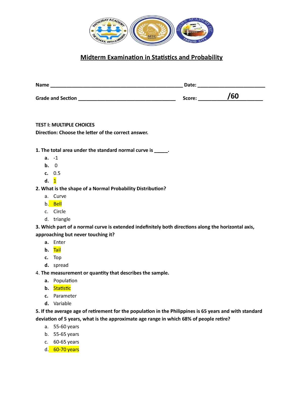 statistics midterm exam answers