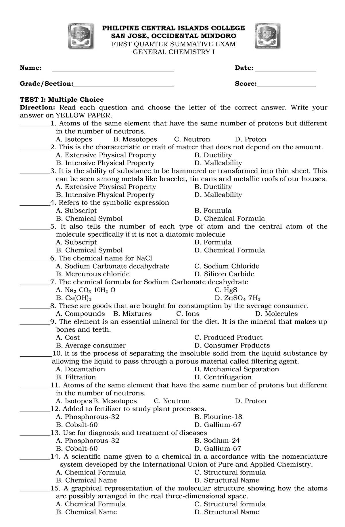 general chemistry 1 exam 1