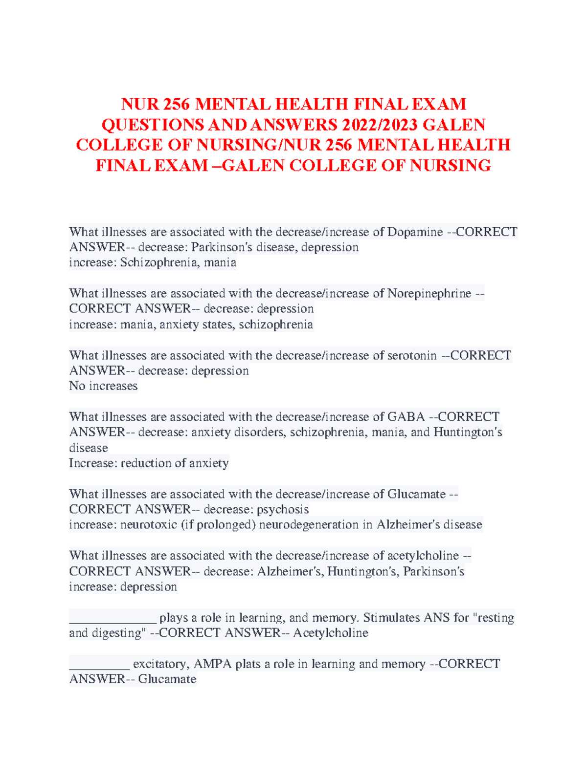 mental health exam questions and answers