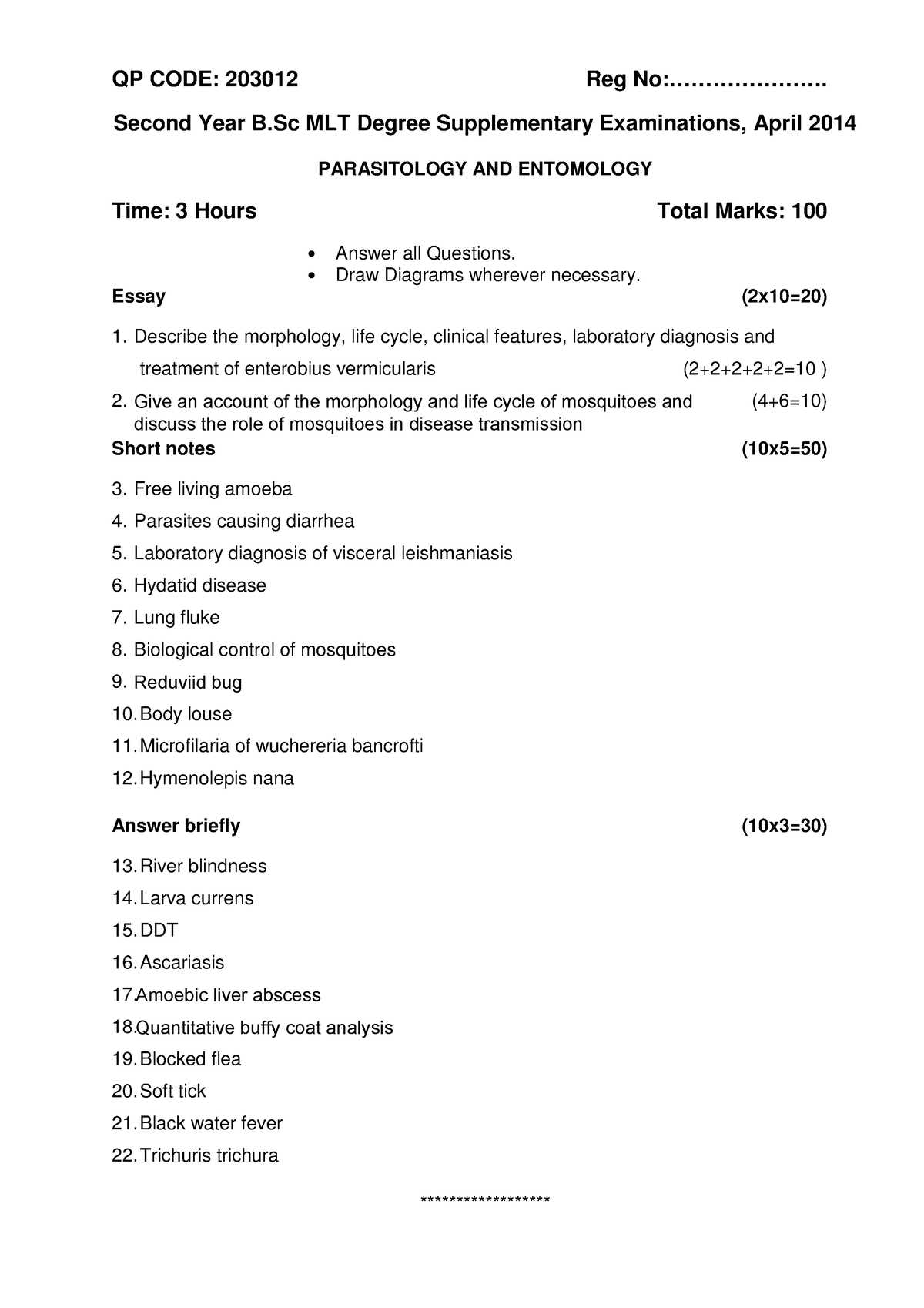 medical parasitology questions and answers