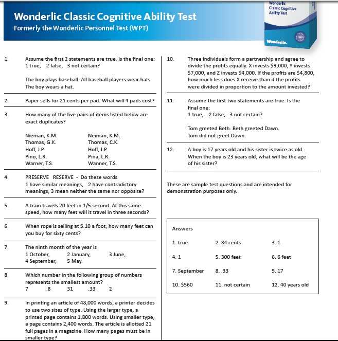 wonderlic sample test with answers