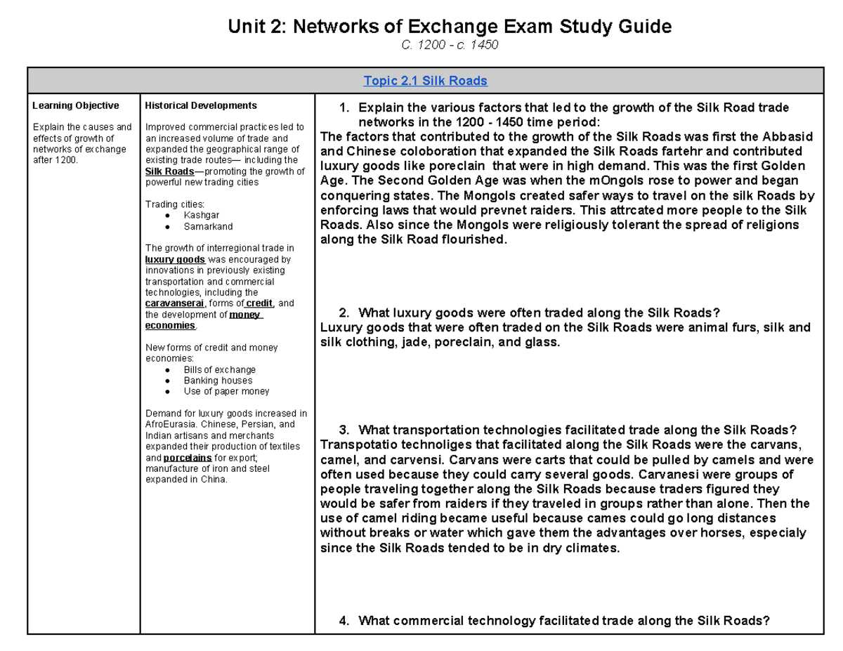 unit 2 networks of exchange exam study guide answers