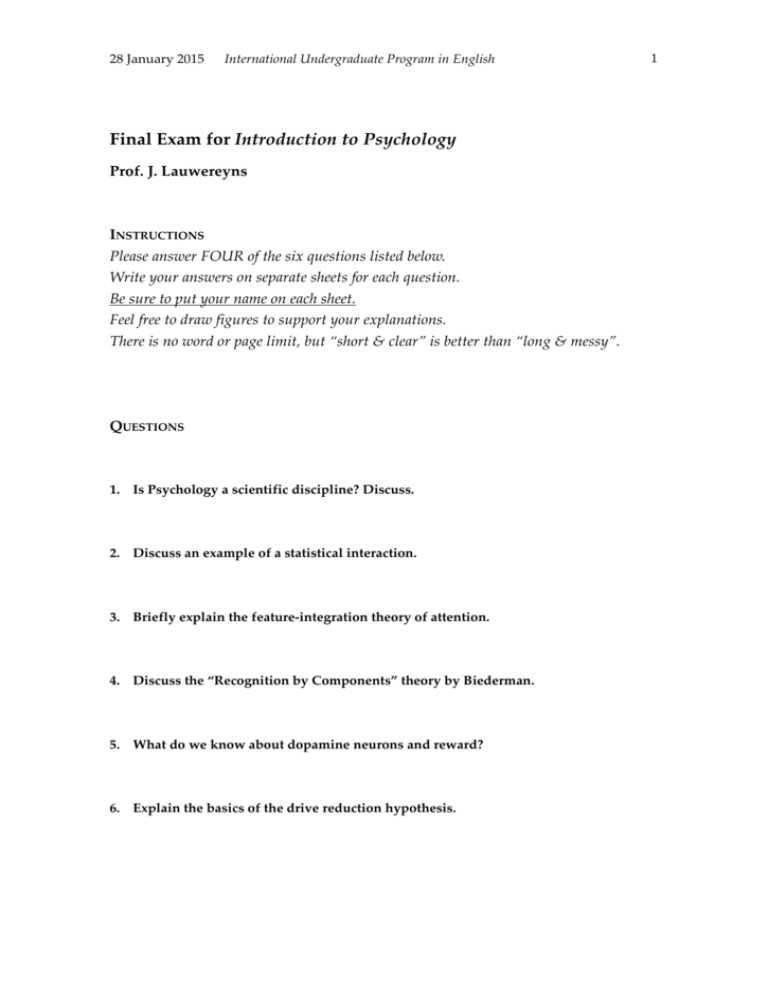 introduction to psychology exam questions and answers