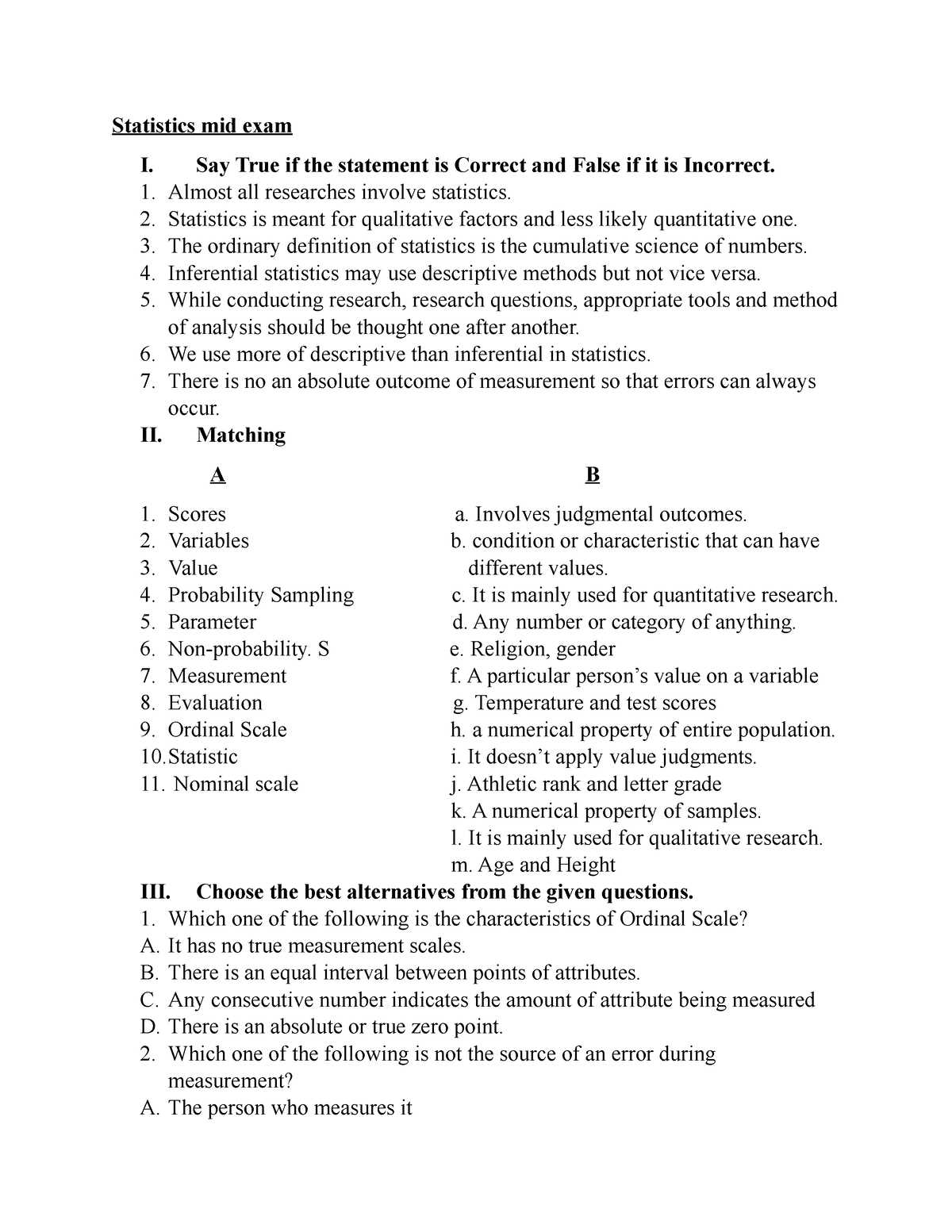 business statistics midterm exam answers