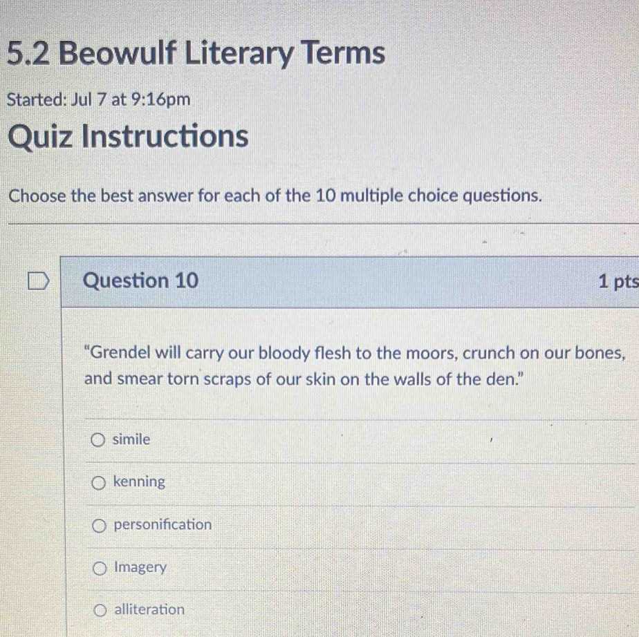 grendel test questions and answers