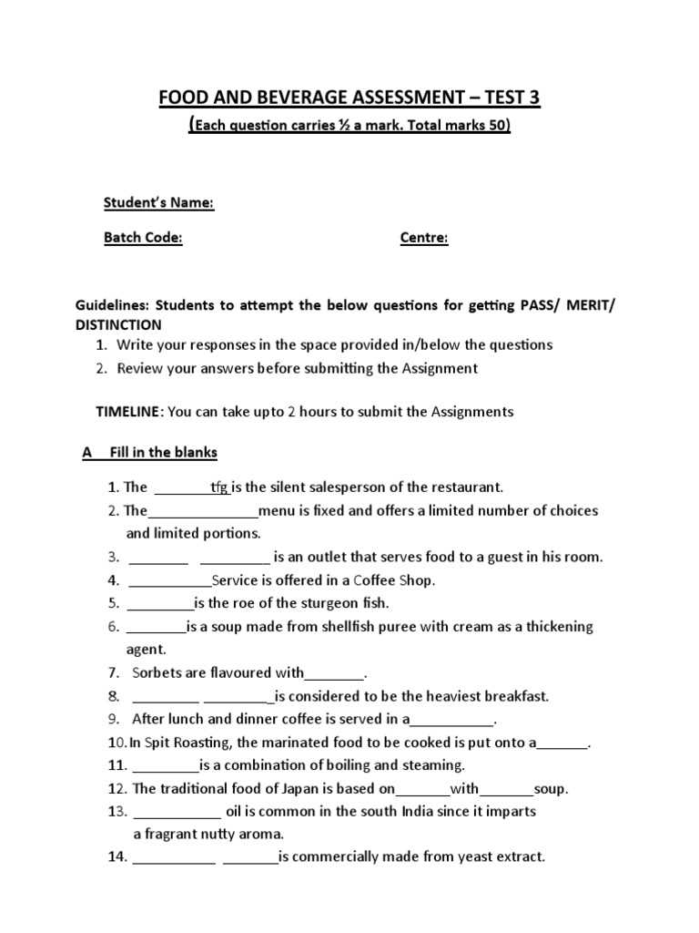 food and beverage exam questions and answers