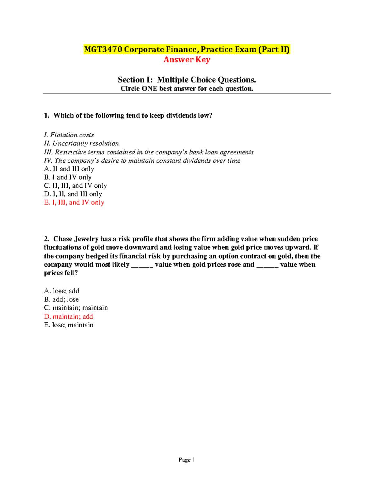 corporate finance final exam questions and answers