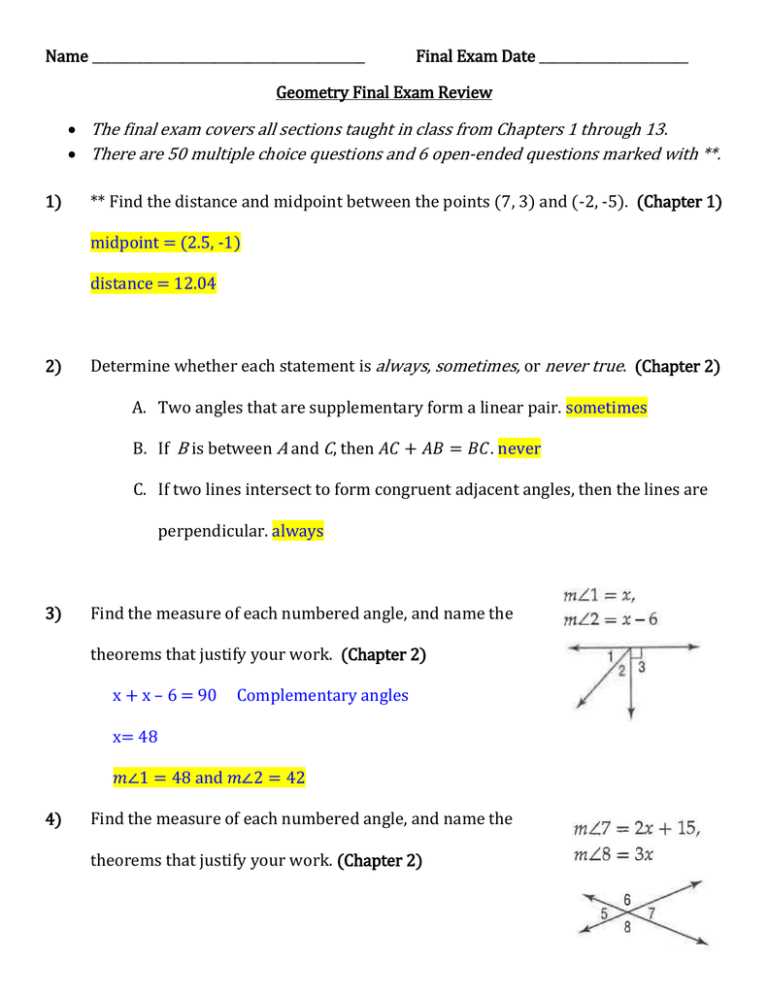 geometry final exam review answers