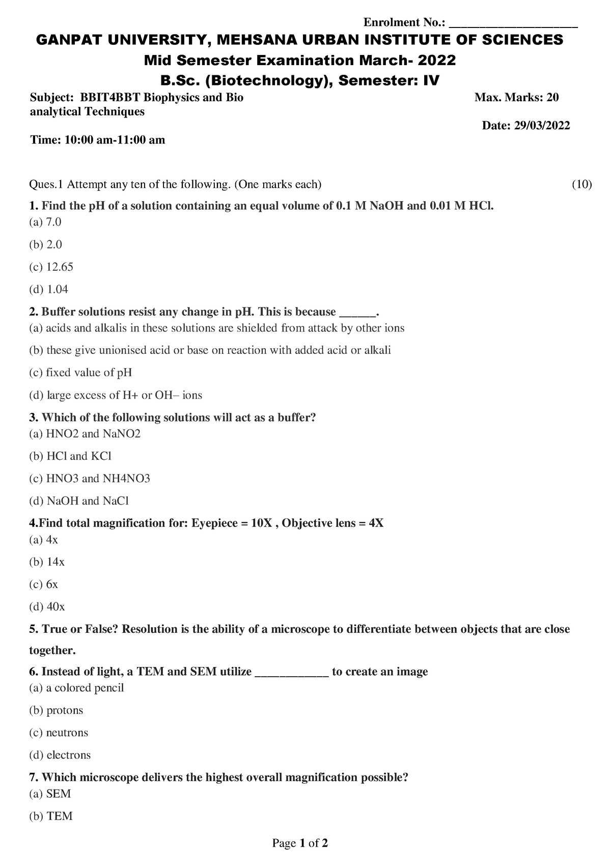 biophysics exam questions and answers