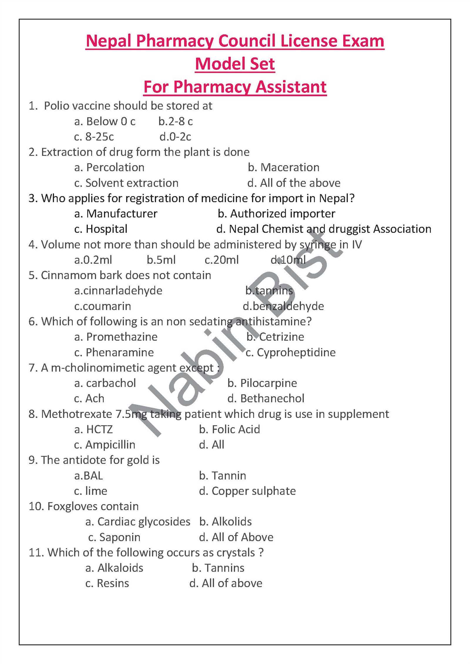 pharmacy assistant exam questions and answers