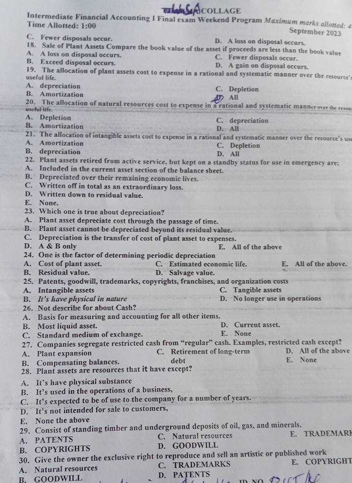 intermediate accounting 1 final exam with answer key