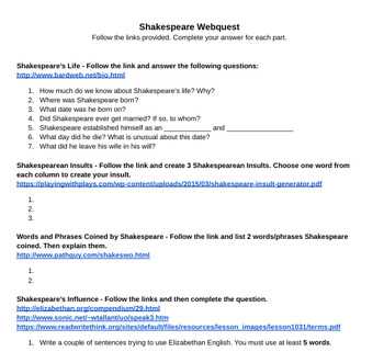 webquest shakespeare answers