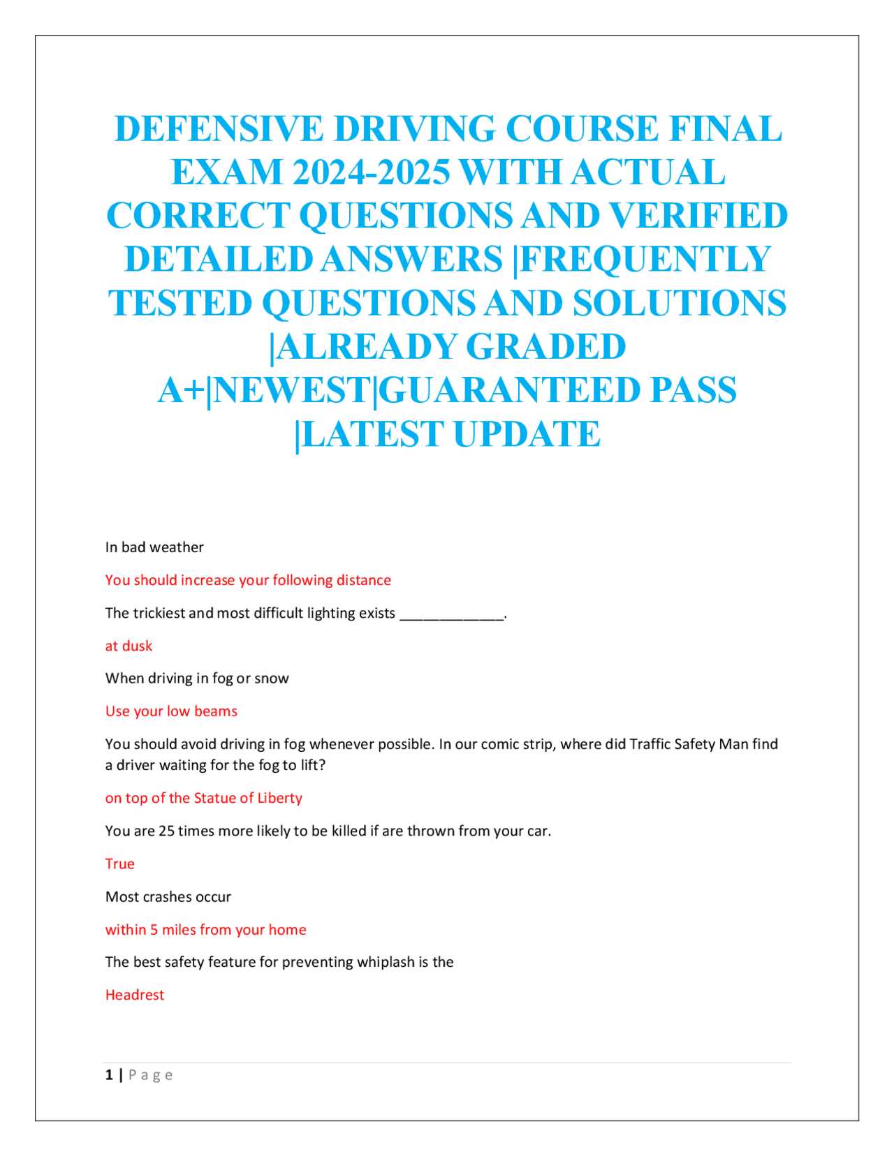 defensive driving final exam answers