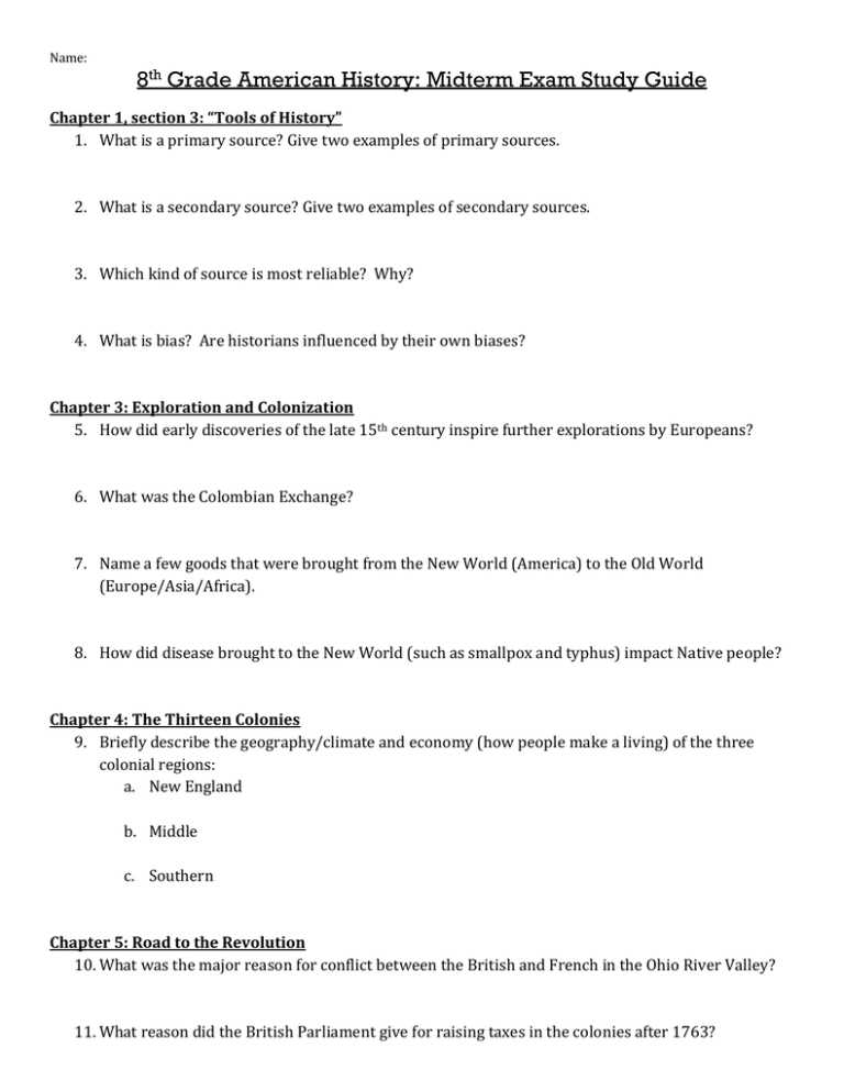 u.s. history midterm exam answer key