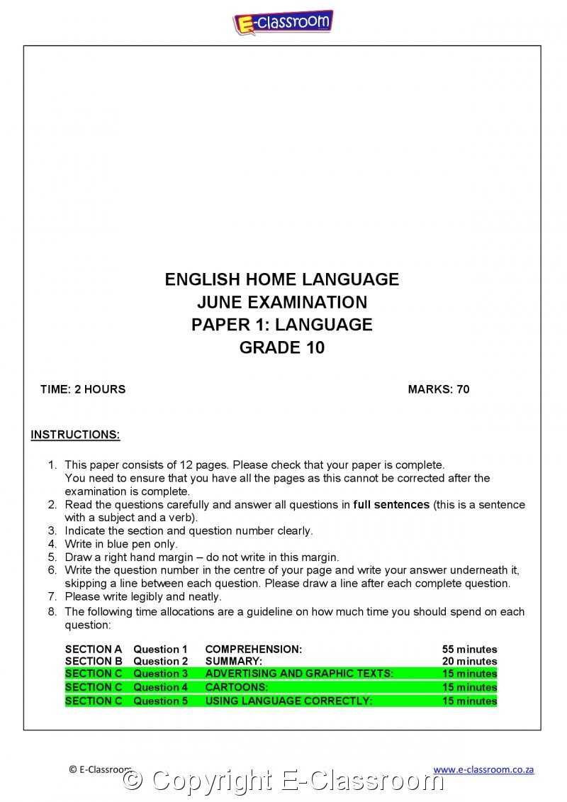 grade 10 english exam questions and answers