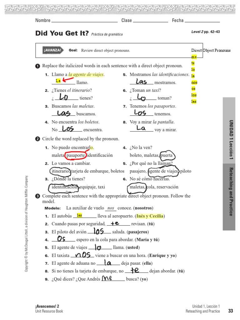 gramatica a direct object pronouns answers