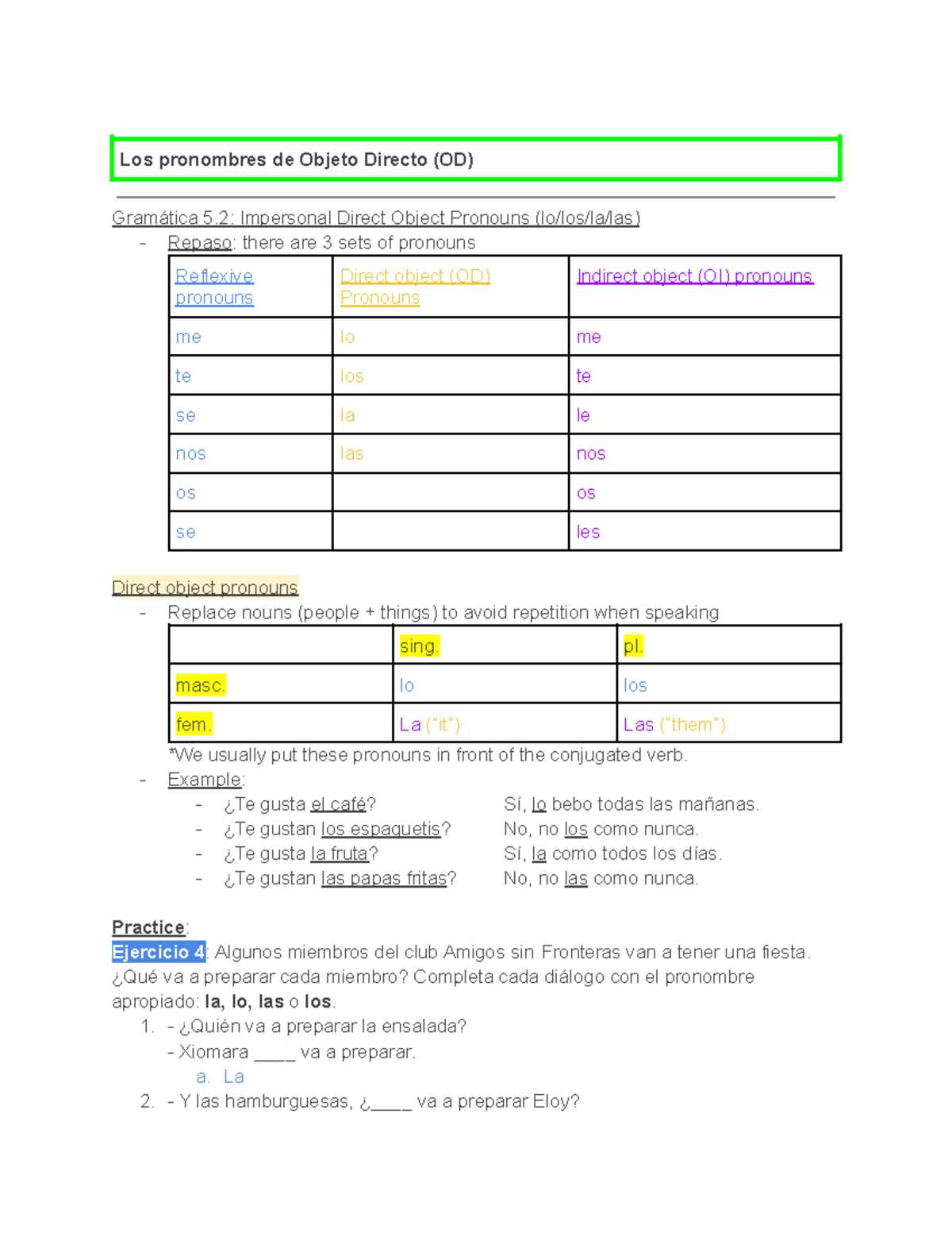 gramatica a direct object pronouns answers