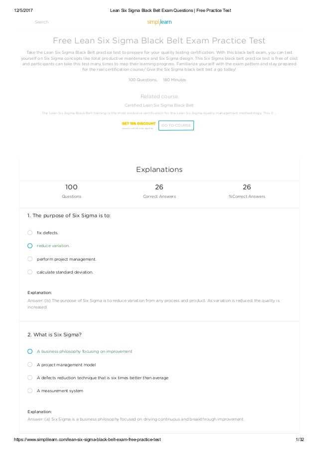 six sigma black belt exam questions and answers