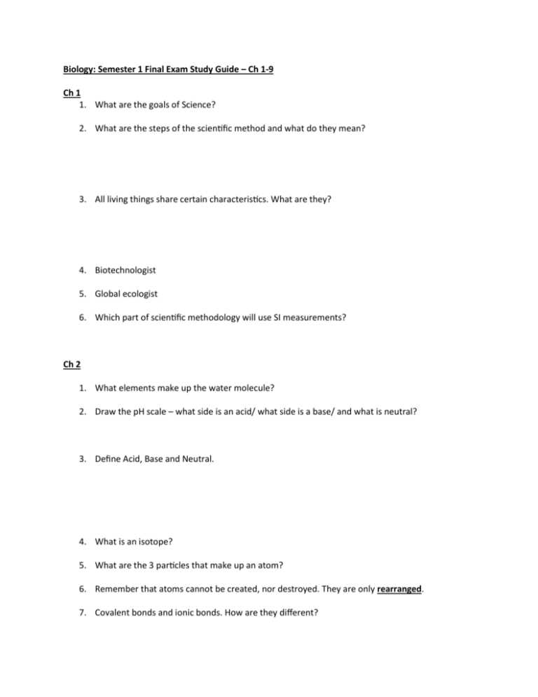 biology first semester final exam review answers