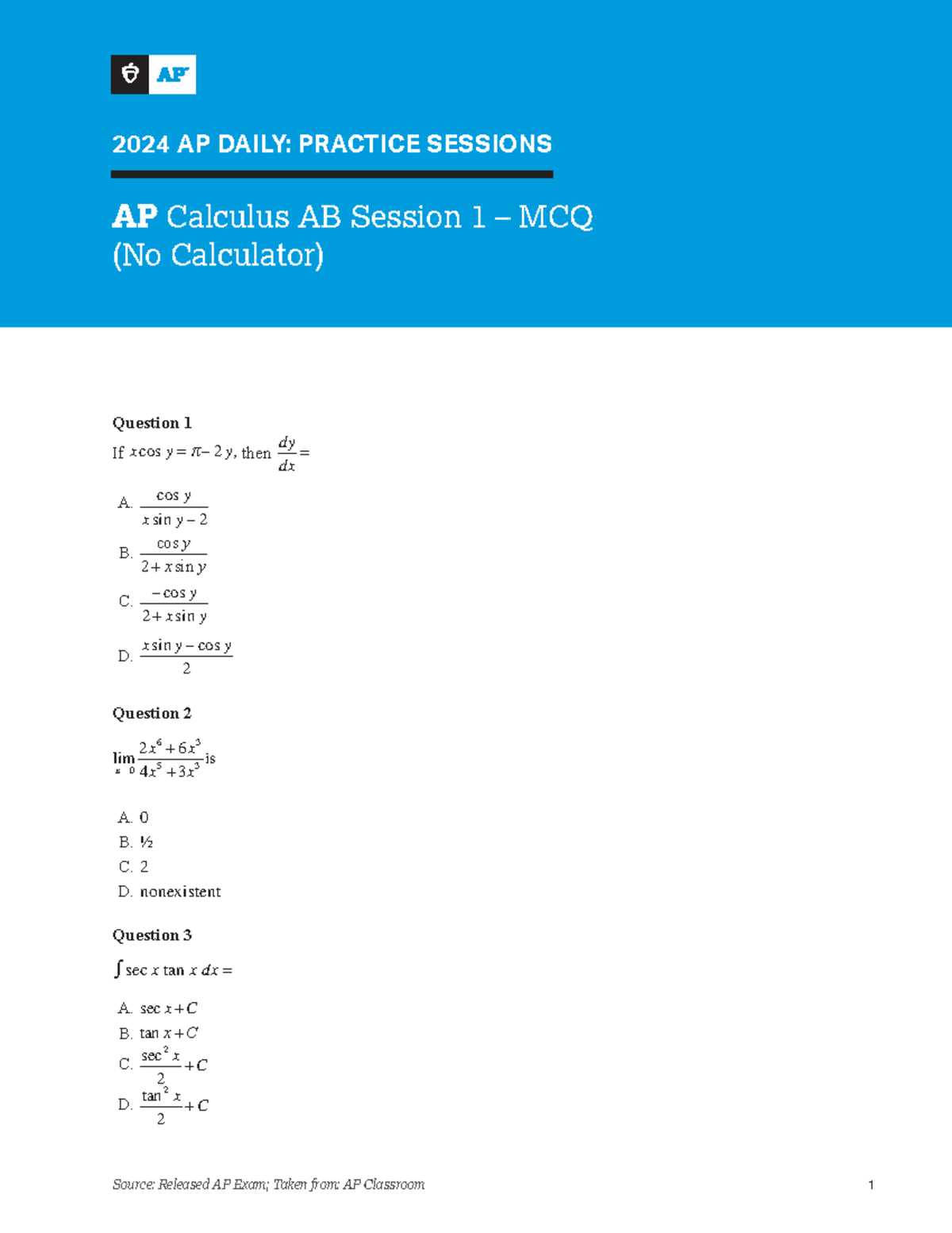 ap calculus ab practice exam 1 answers