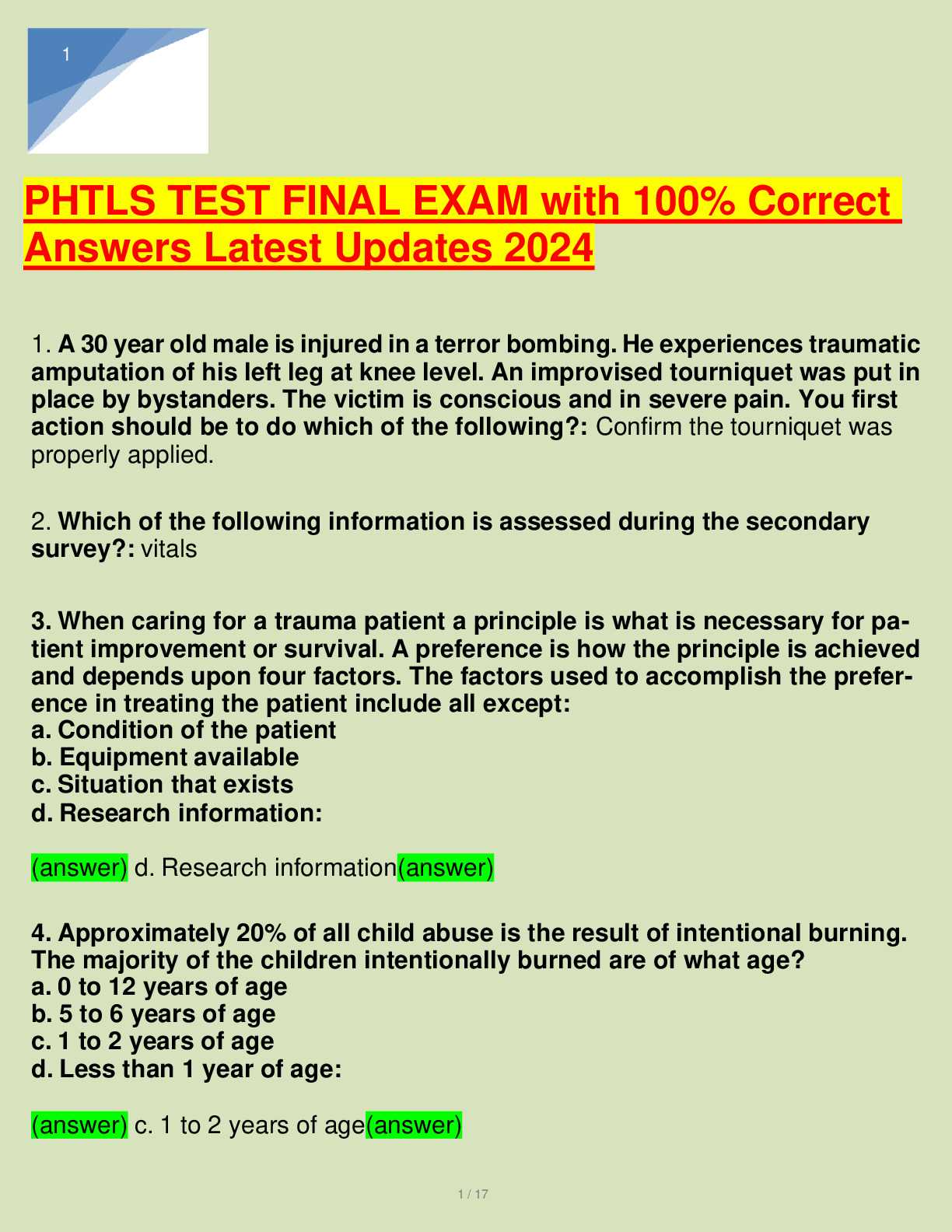 phtls final exam answers