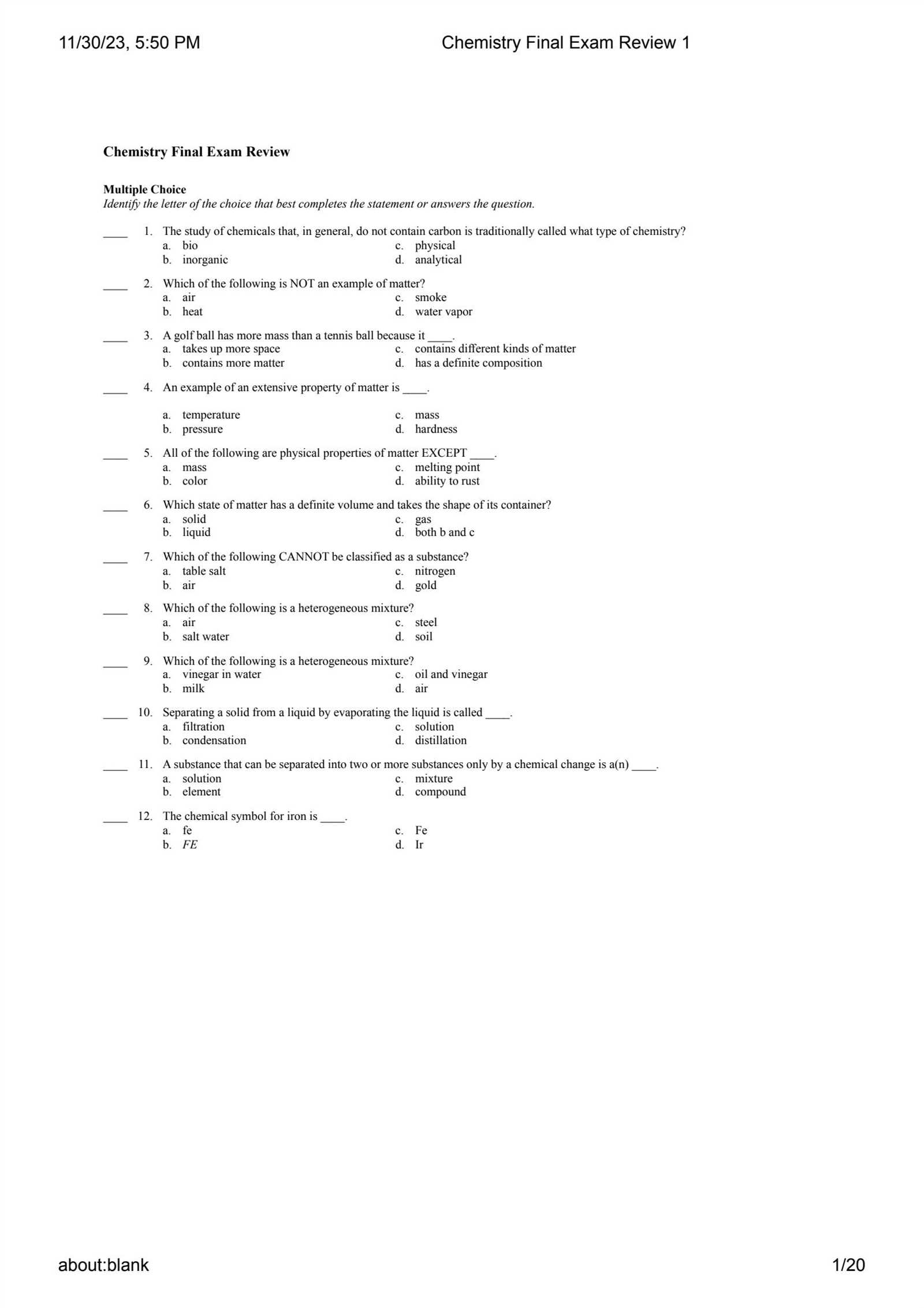 chemistry 1st semester exam review answer key