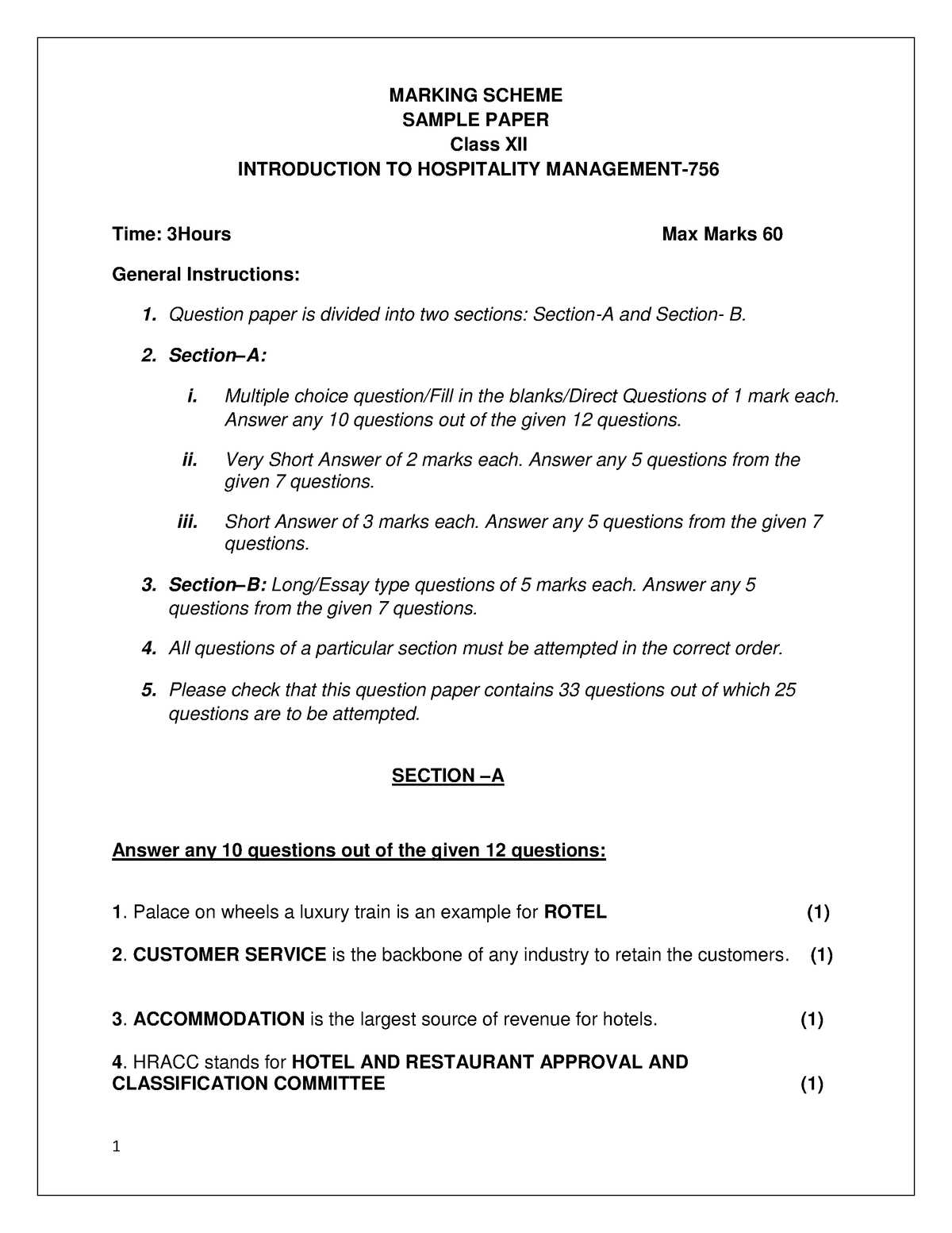 hotel management exam questions and answers