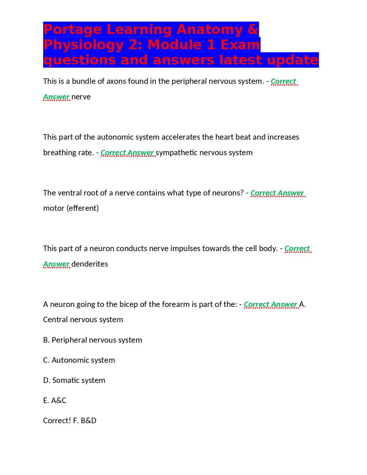 anatomy and physiology 2 exam 1 with answers