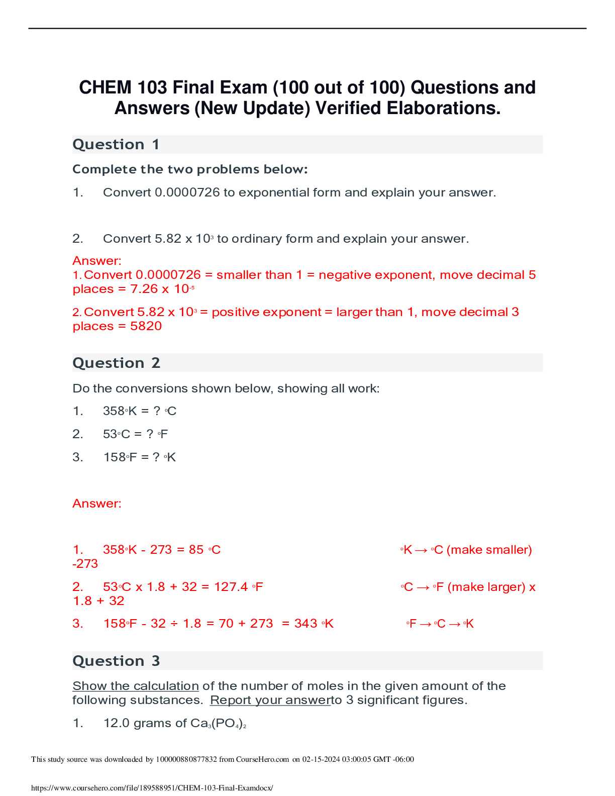 chemistry final exam questions and answers