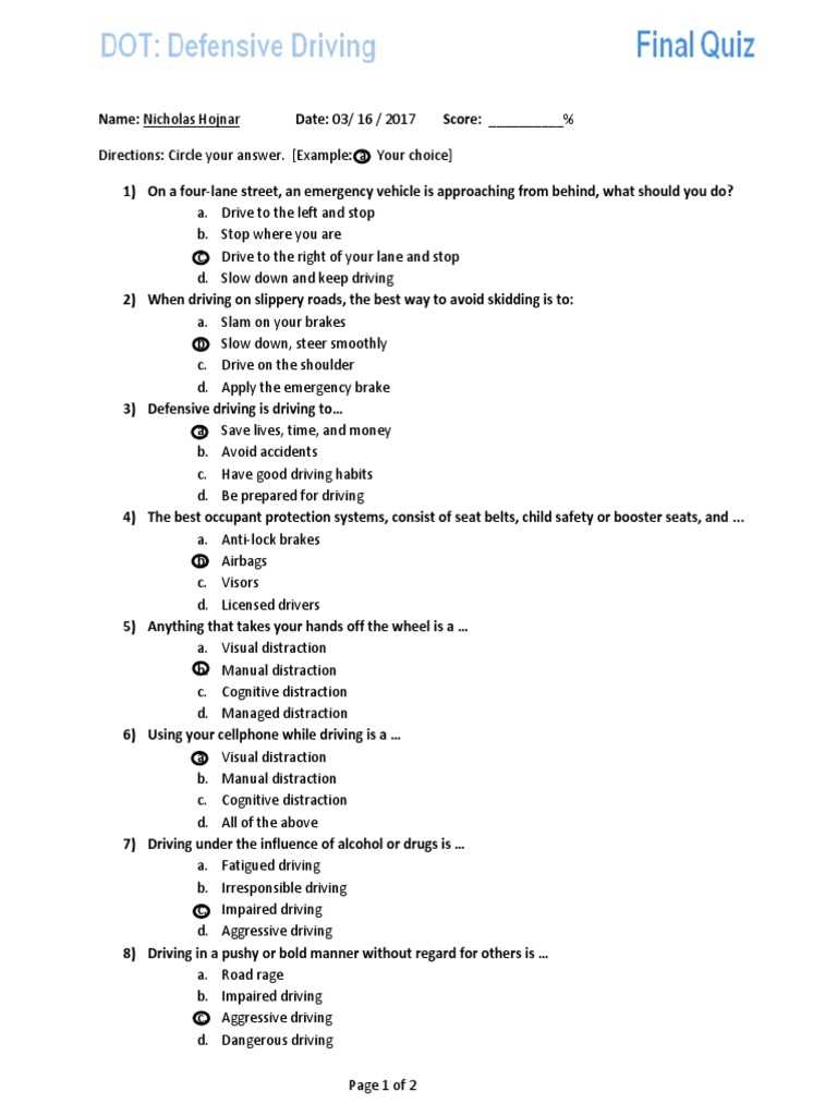 defensive driving course final exam answers