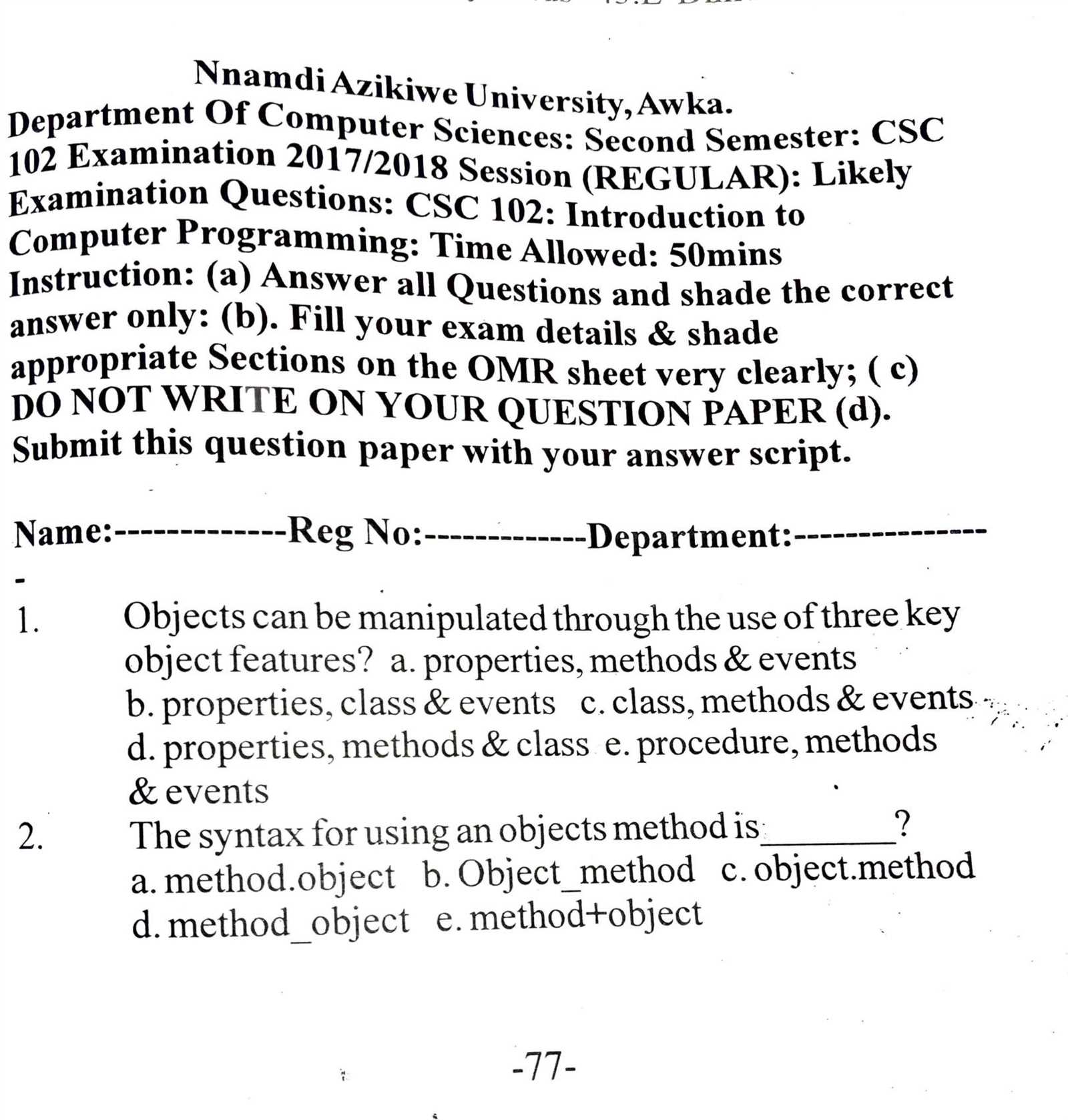 introduction to computer science exam questions and answers