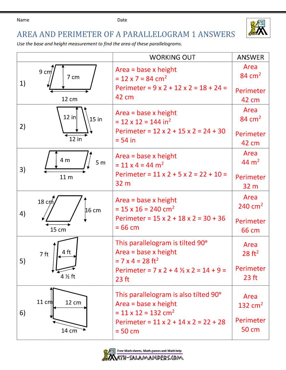 parallelograms worksheet answers