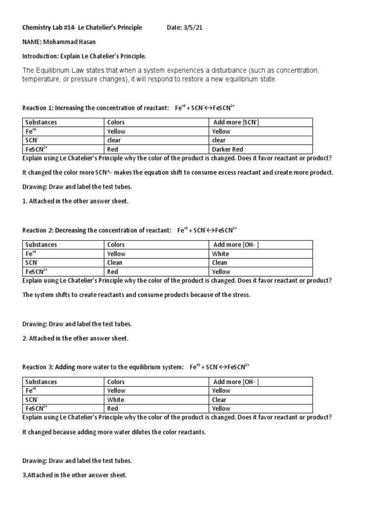 applications of le chateliers principle lab answers