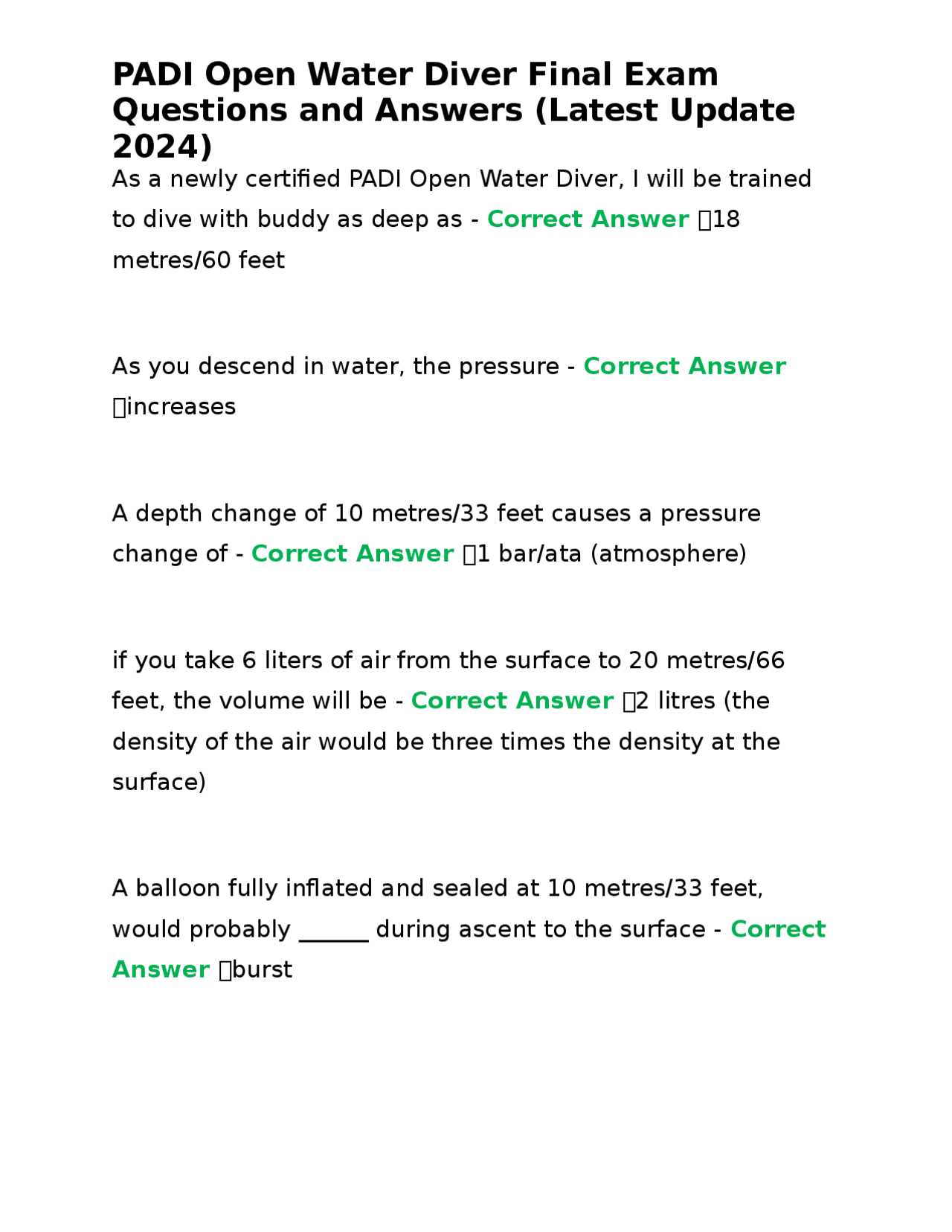 open water diver final exam answers