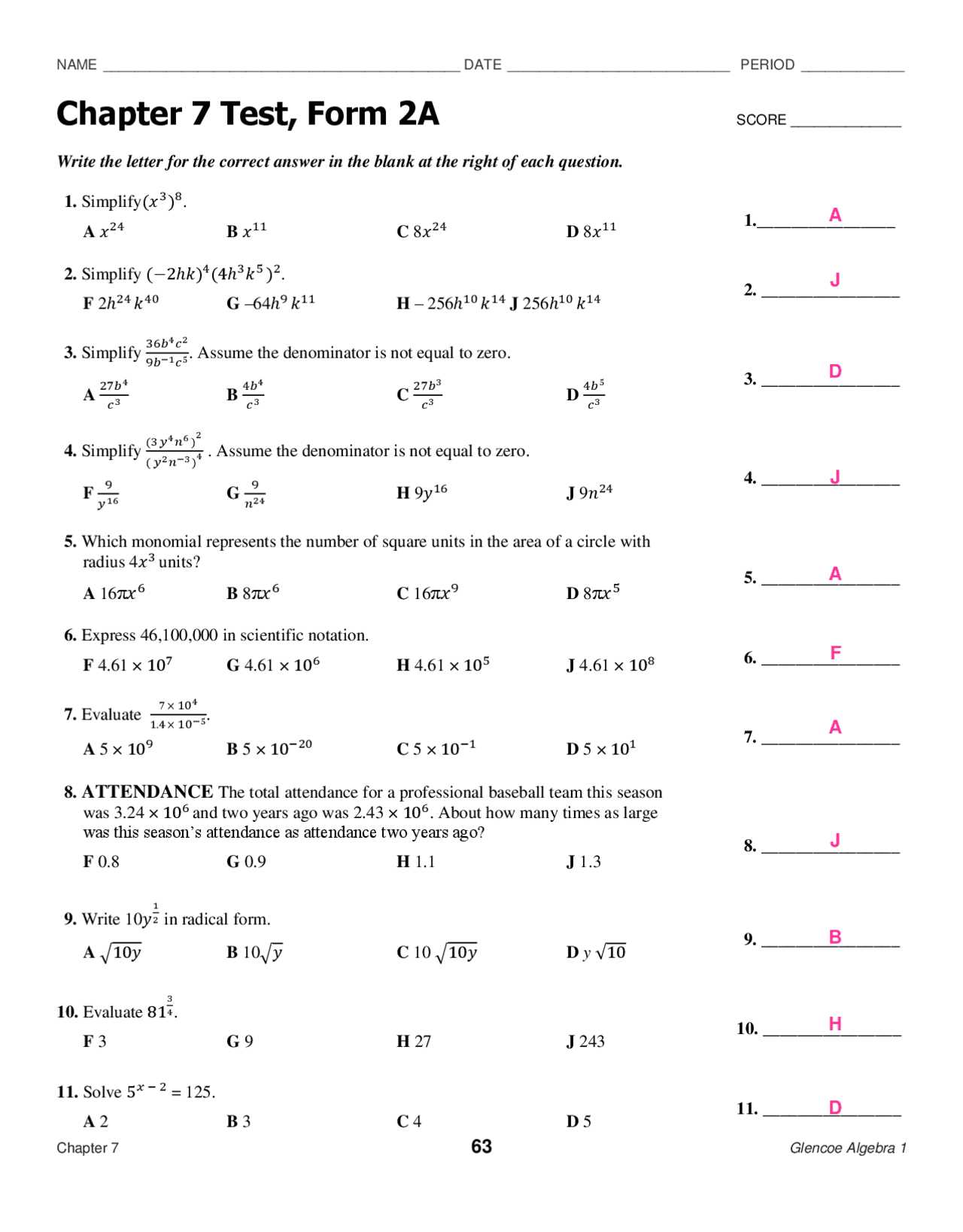 algebra 1 chapter 7 review answers