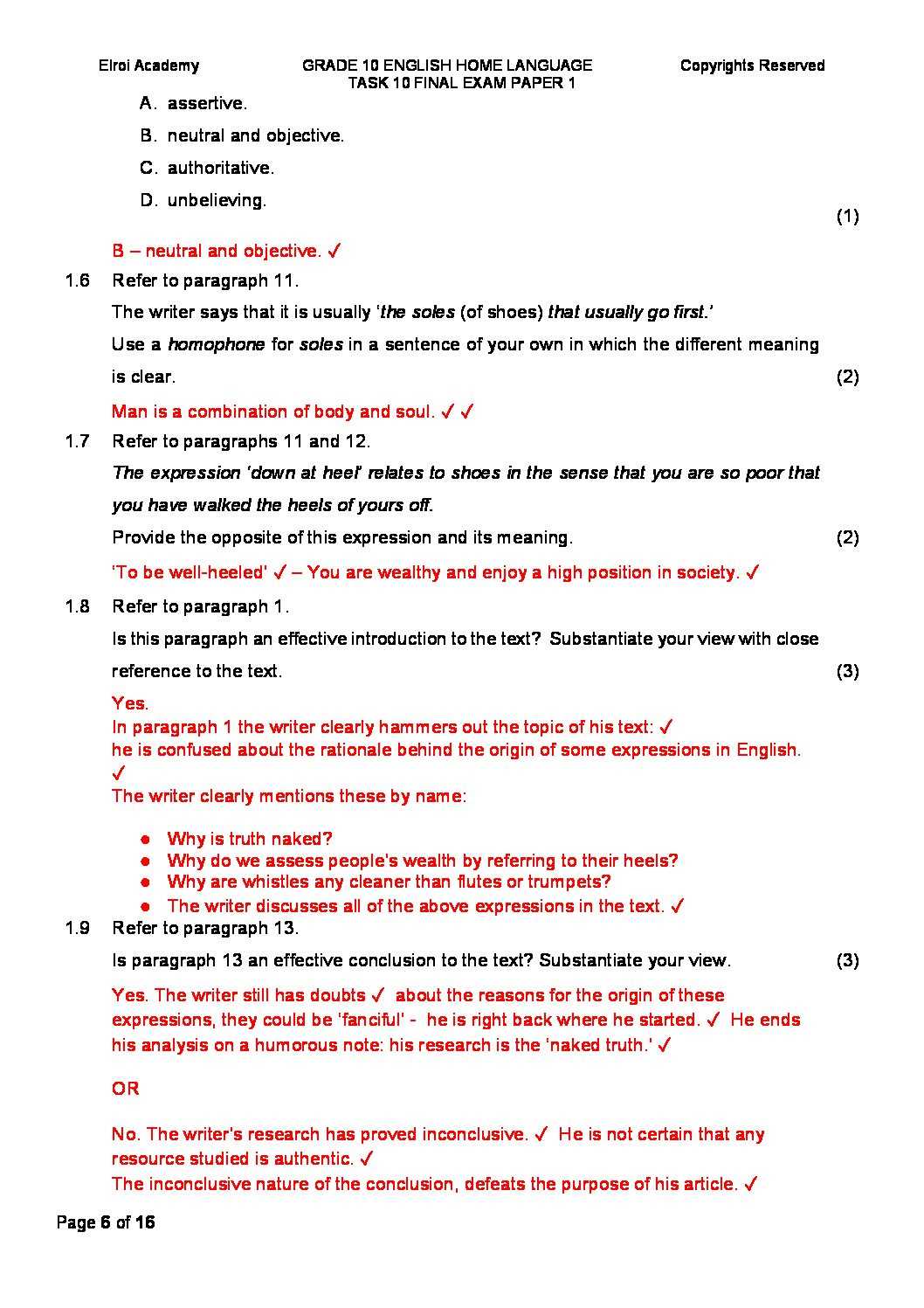 grade 10 english exam questions and answers