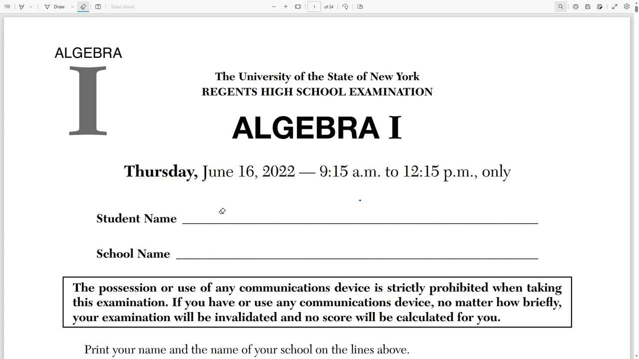 algebra 1 regents exam answers