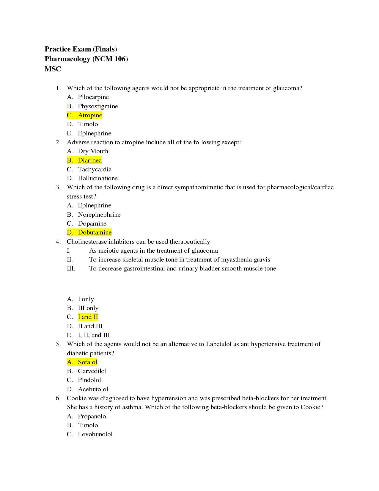 pharmacology practice exam