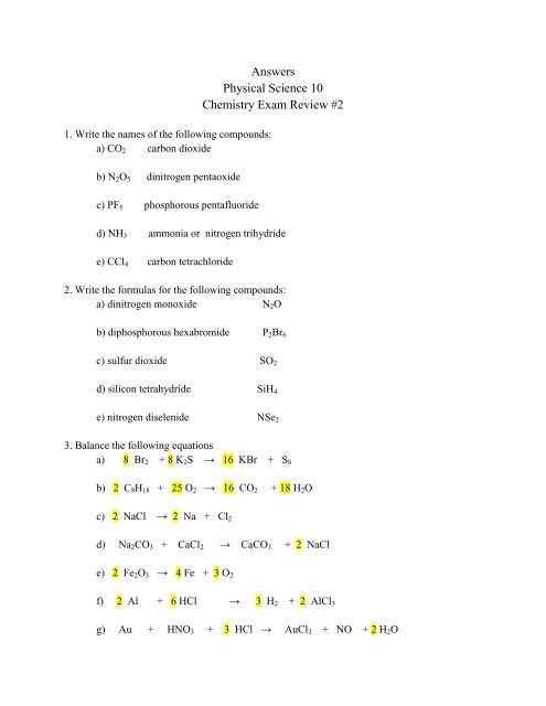 chemistry fall final exam review answer key