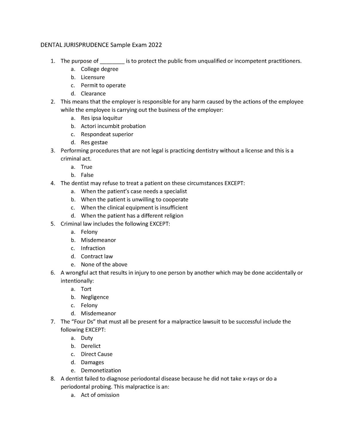 dental jurisprudence exam questions