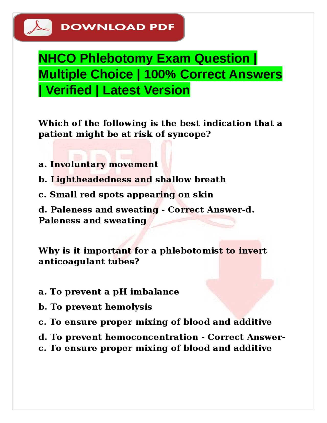 phlebotomist exam questions and answers