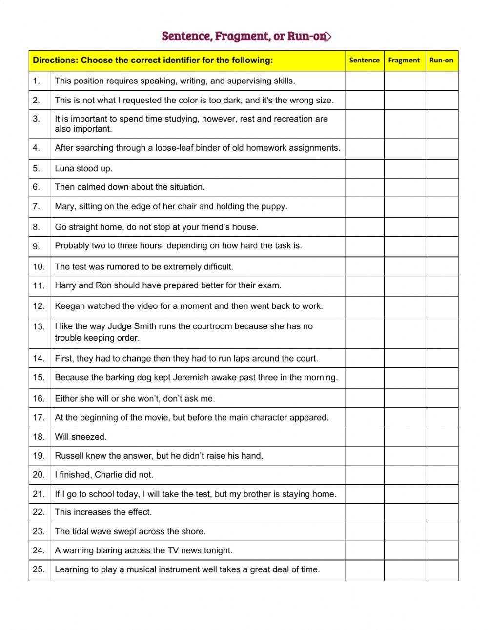 sentence fragments worksheet answers