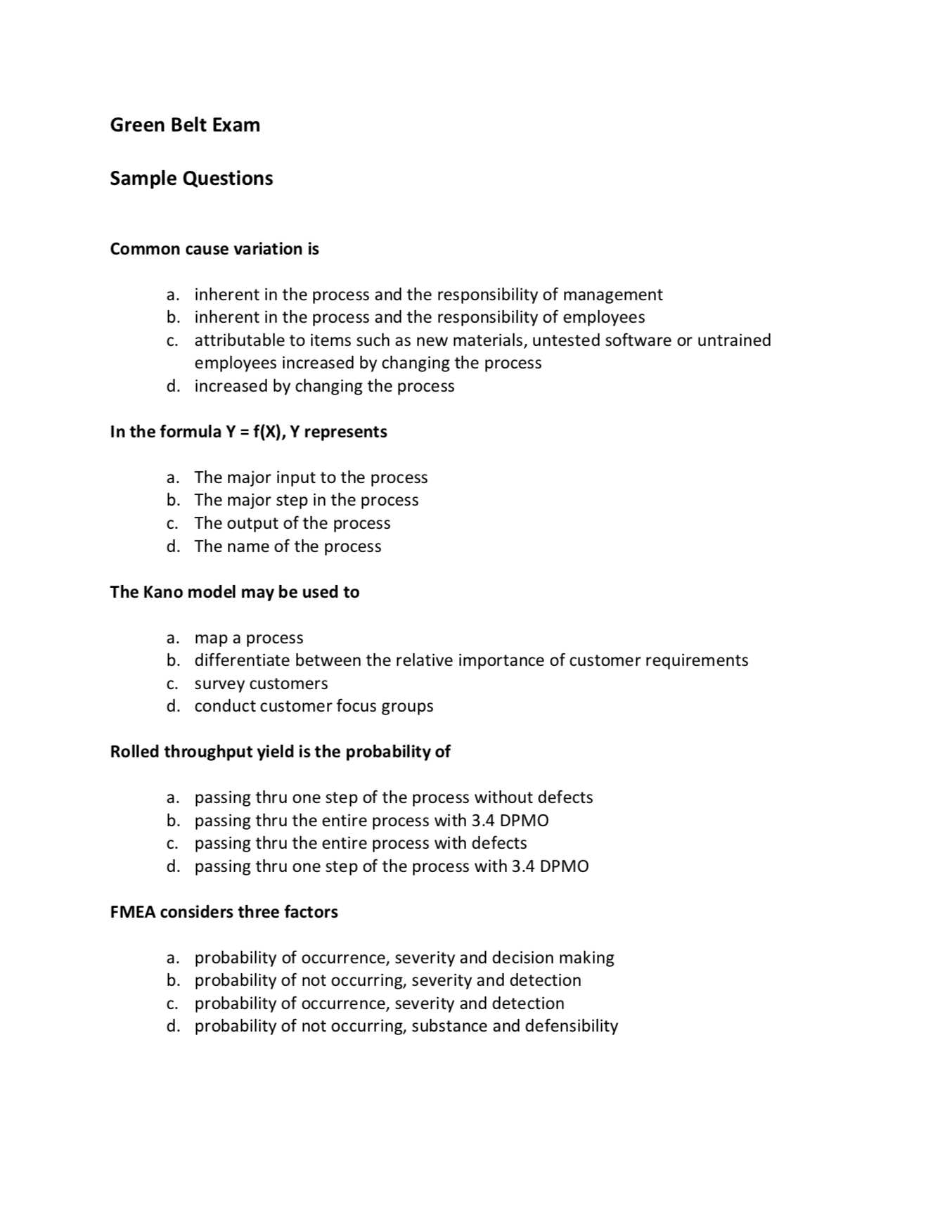 lean six sigma green belt exam answers