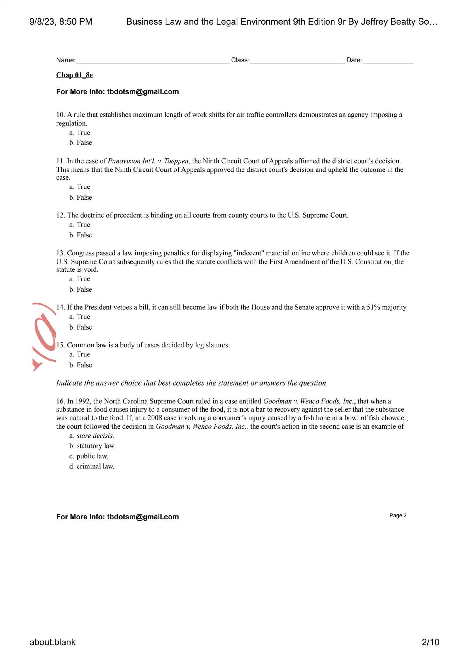 legal environment of business final exam answers