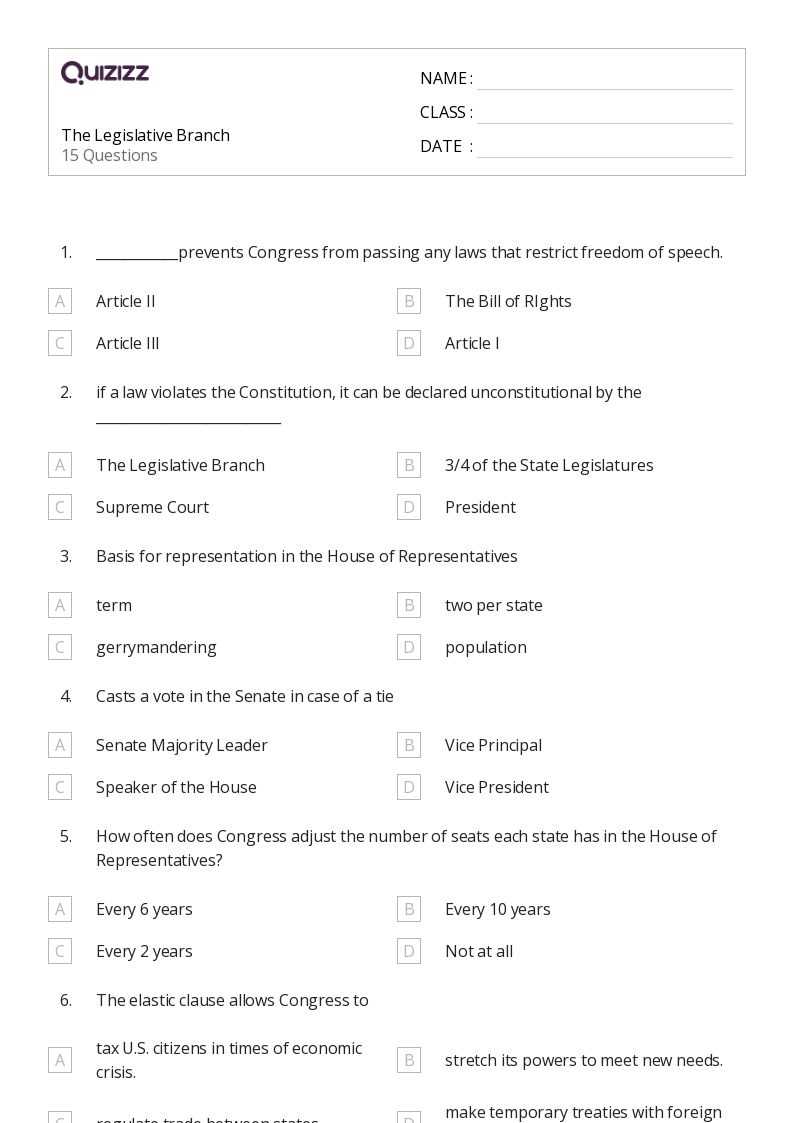 legislative branch exam answer key