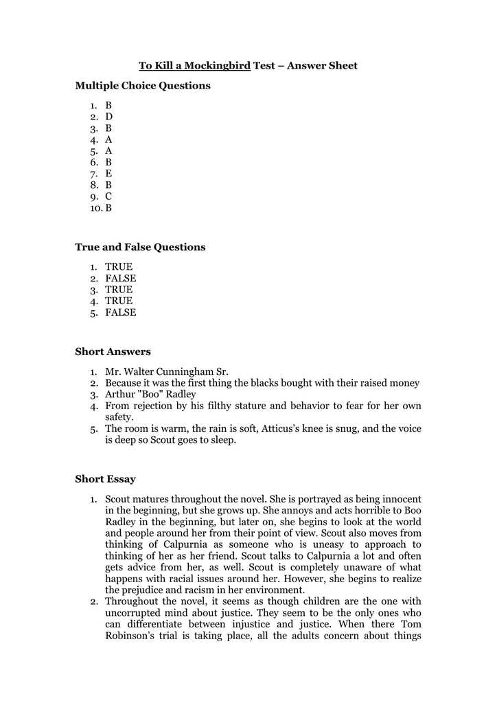 to kill a mockingbird final test answers