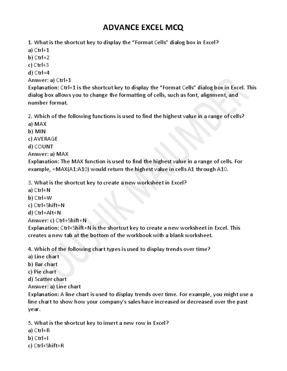 excel chapter 1 answer key