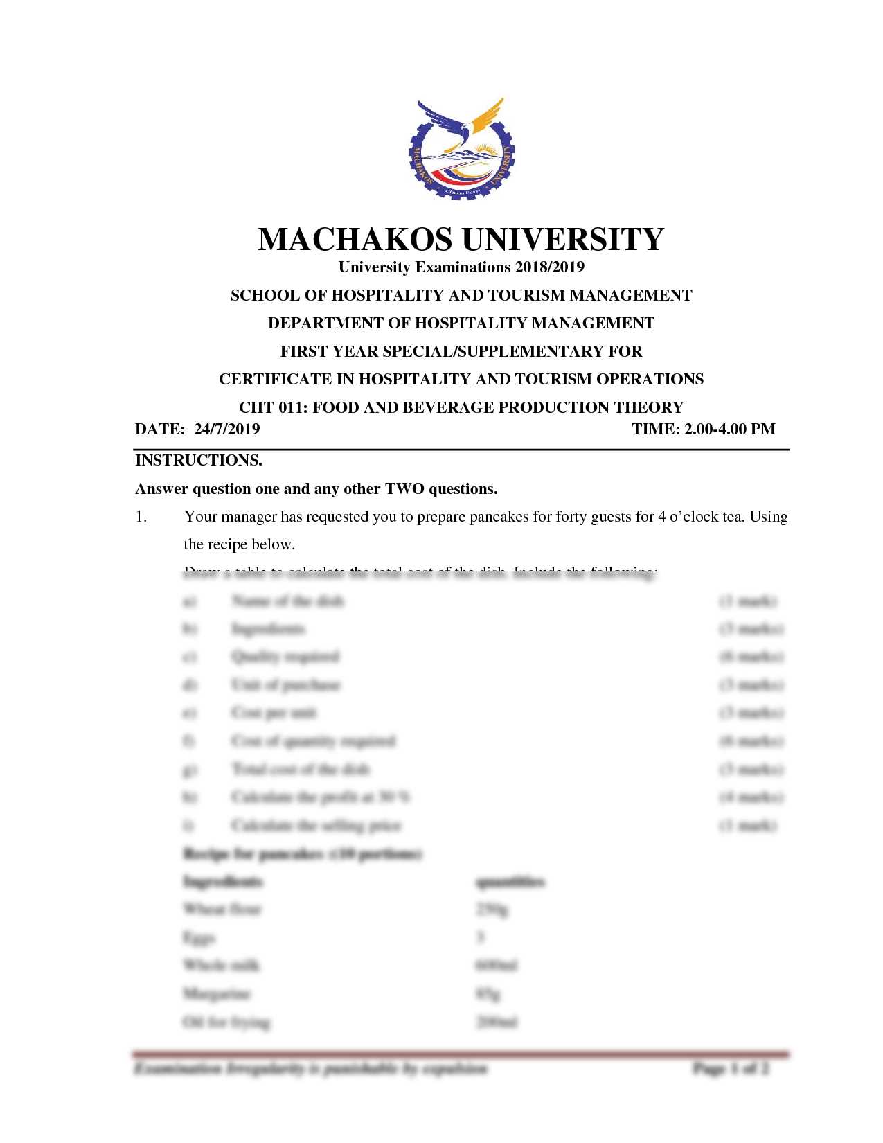 food and beverage exam questions and answers